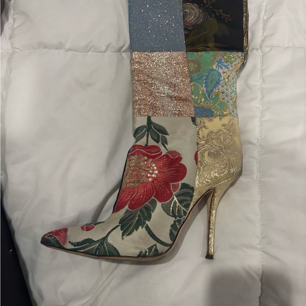 Dolce & Gabbana Red and Green Heeled Boots with Floral Design